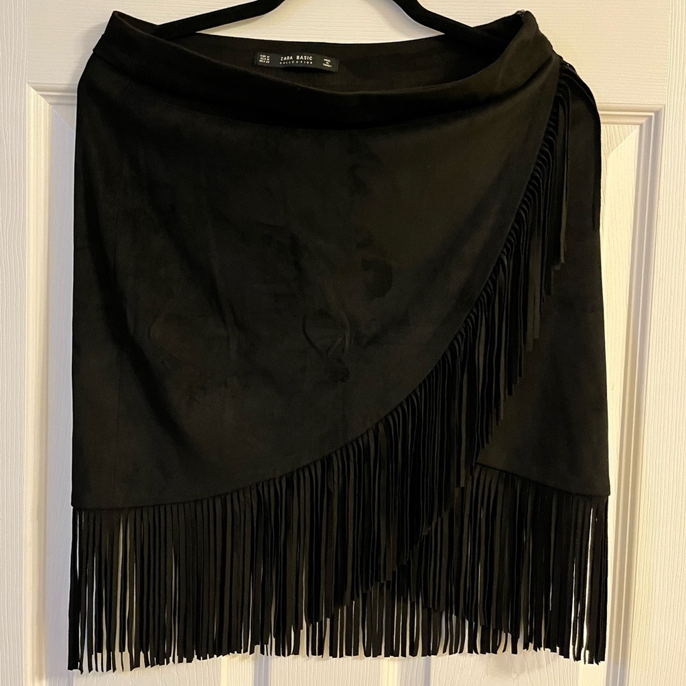 BLACK SUEDE FEEL FRINGE SKIRT
